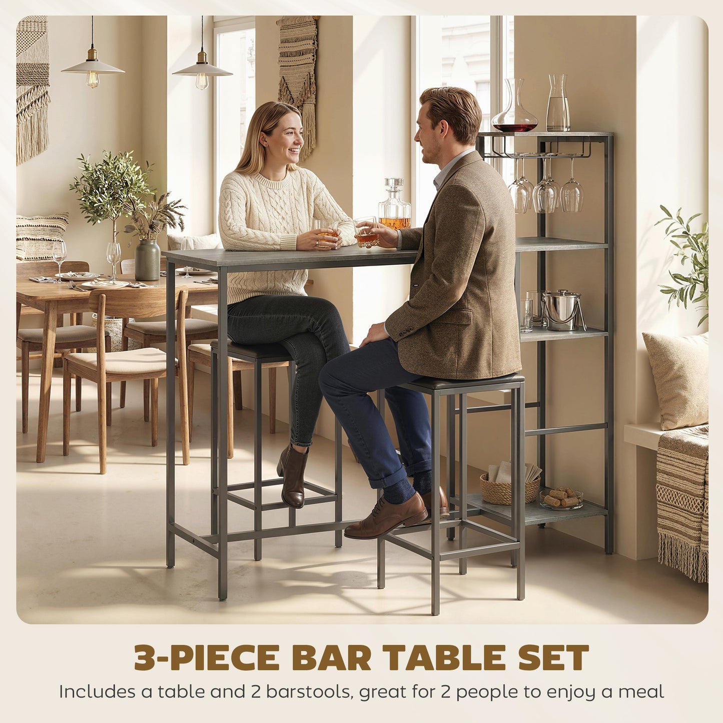 3 Piece Breakfast Bar Table and Stools Set, Washed Grey