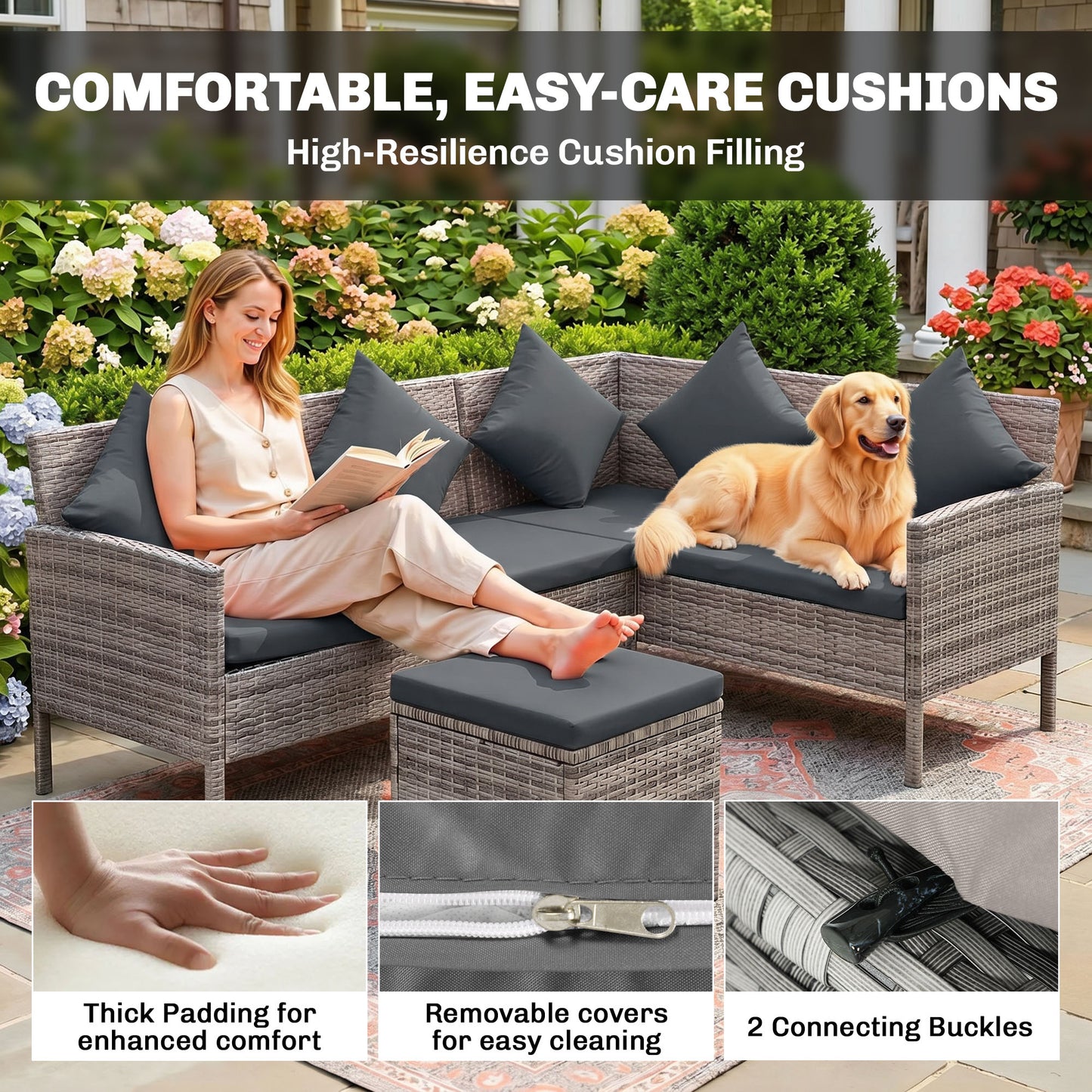 tsunny 6-Seater Rattan Dining Set Sofa Table Footstool Outdoor w/ Cushion Garden Furniture, Dark Grey
