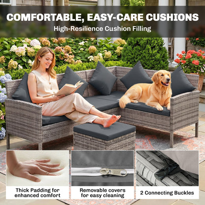 tsunny 6-Seater Rattan Dining Set Sofa Table Footstool Outdoor w/ Cushion Garden Furniture, Dark Grey