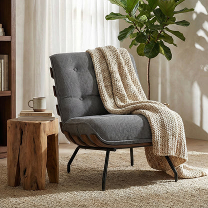 Accent Chair, Linen-look Fabric Reading Chair with Spring Cushion, Slatted Support, Steel Frame, Dark Grey