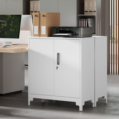 Lockable Metal Filing Cabinet, 2-Tier Storage Cupboard with Double Doors, Modern Office Organiser, White