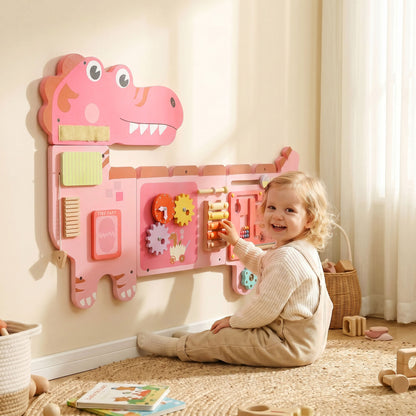Busy Board Panels, Wall Mounted Montessori Inspired Busy Board, Toddler Learning Centre Dinosaur Theme, Pink