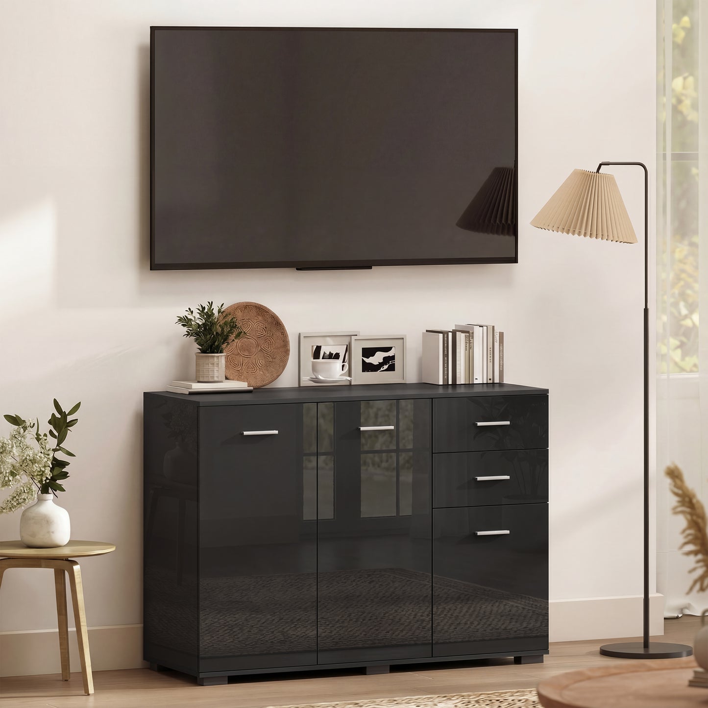 Sideboard, Modern Storage Cabinet with 2 Drawers, 3 Doors and Adjustable Shelves, High Gloss Black