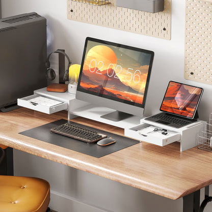 Dual Monitor Stand Riser with 2 Drawers, Adjustable Length and Angle, 116cm Monitor Riser for Laptop, Computer, PC