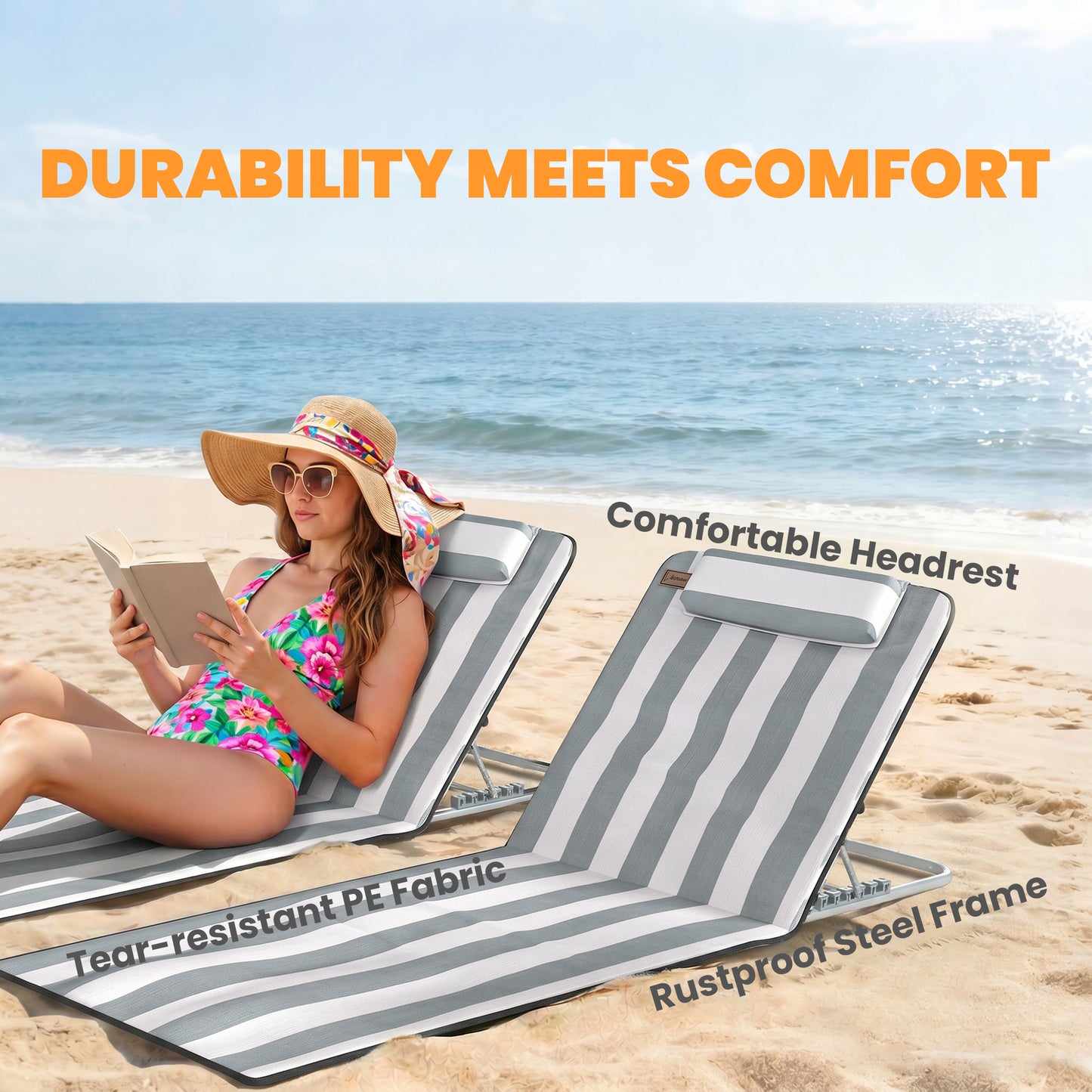 Set of 2 Foldable Garden Beach Chair Mat Lightweight Outdoor Sun Lounger Seats Adjustable Back Metal Frame PE Fabric Head Pil