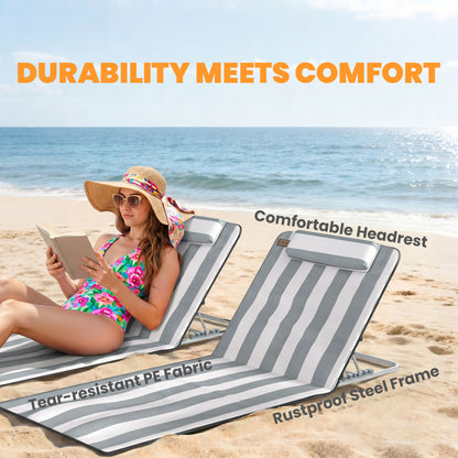 Set of 2 Foldable Garden Beach Chair Mat Lightweight Outdoor Sun Lounger Seats Adjustable Back Metal Frame PE Fabric Head Pil