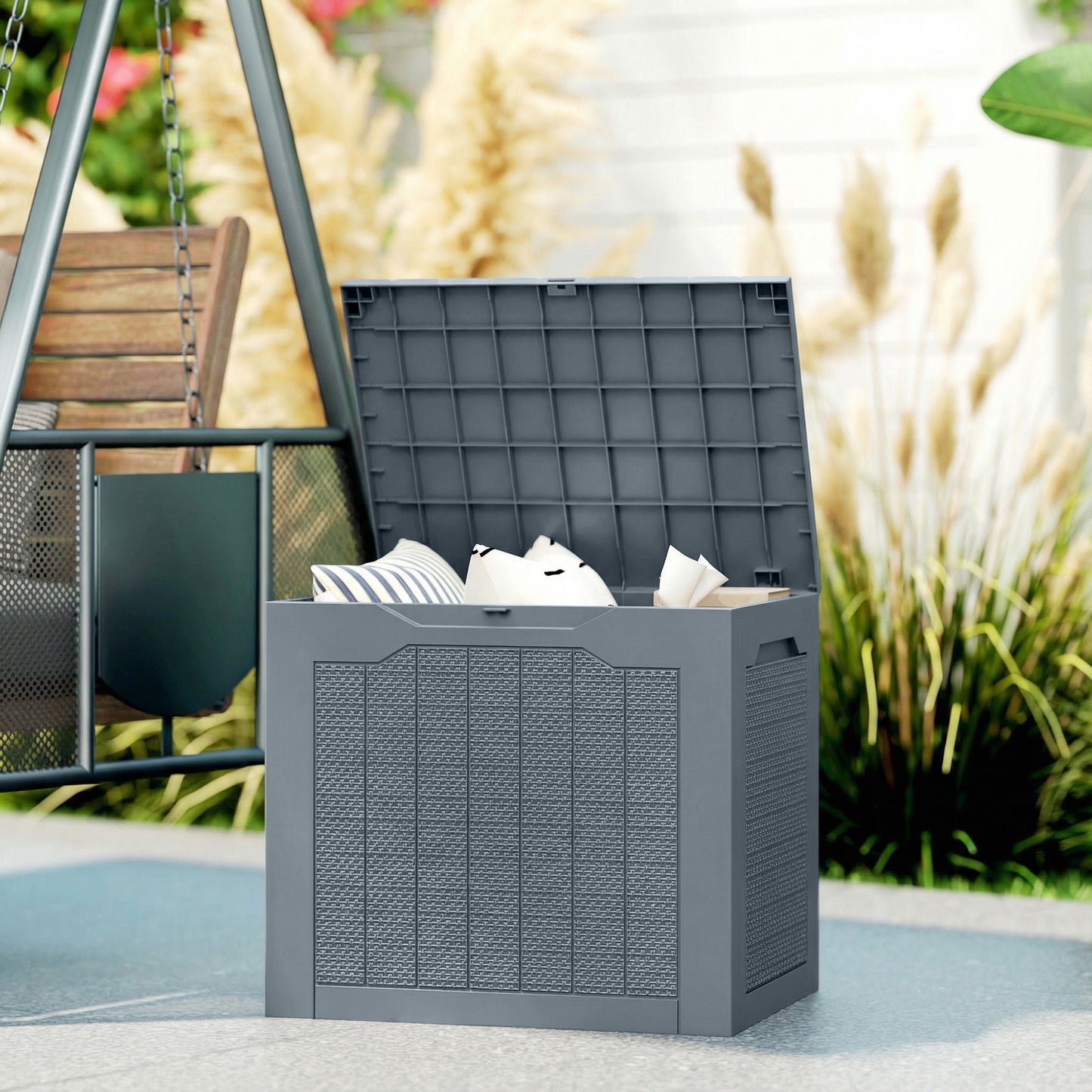 97L Plastic Garden Storage Box, Outdoor Storage Box with Handles, Waterproof Outdoor Storage Container, Light Grey