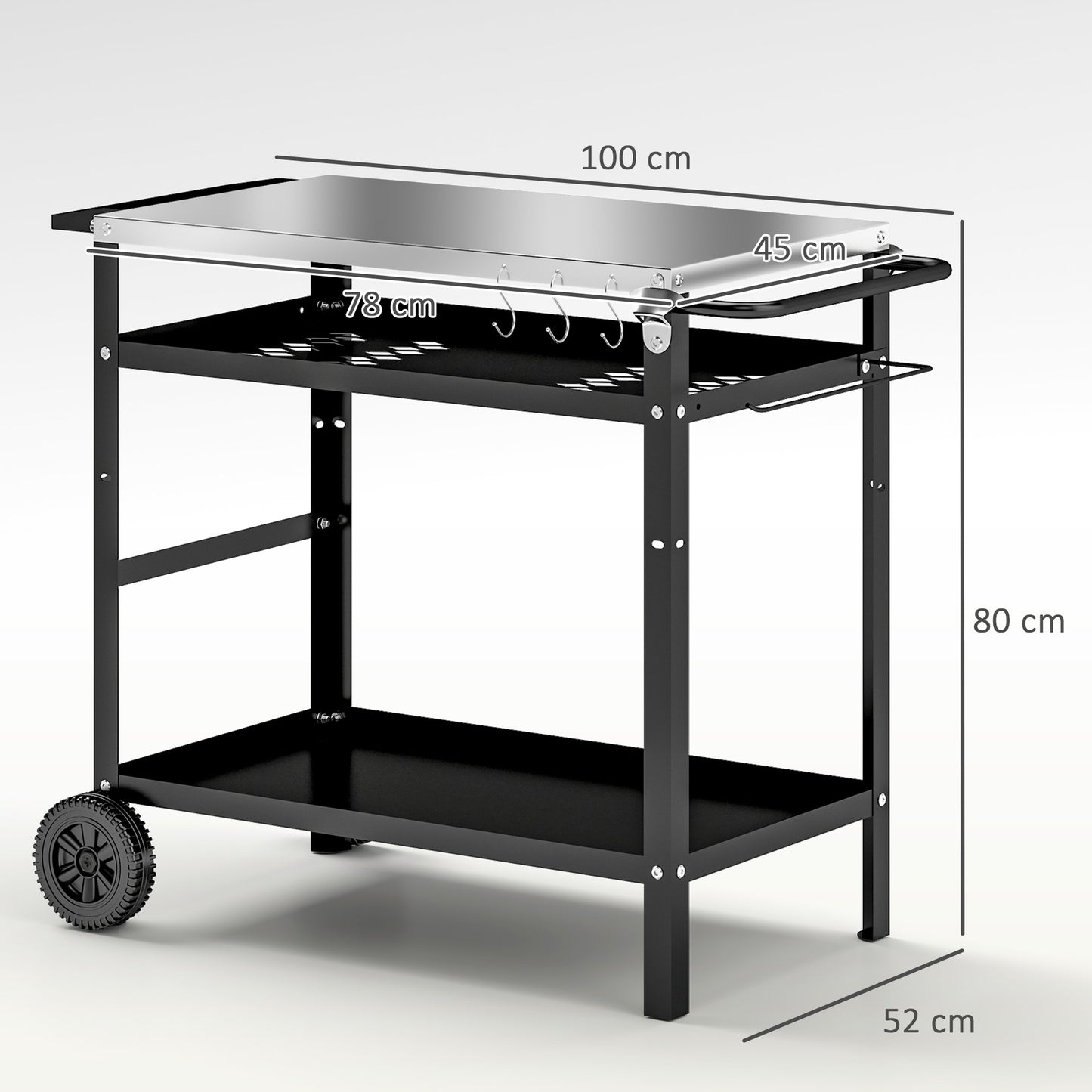 BBQ Trolley with Stainless Steel Top Adjustable Shelf, Outdoor Kitchen Barbecue Station with Hooks Seasoning Tray Towel Rack