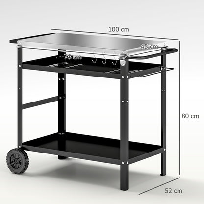 BBQ Trolley with Stainless Steel Top Adjustable Shelf, Outdoor Kitchen Barbecue Station with Hooks Seasoning Tray Towel Rack