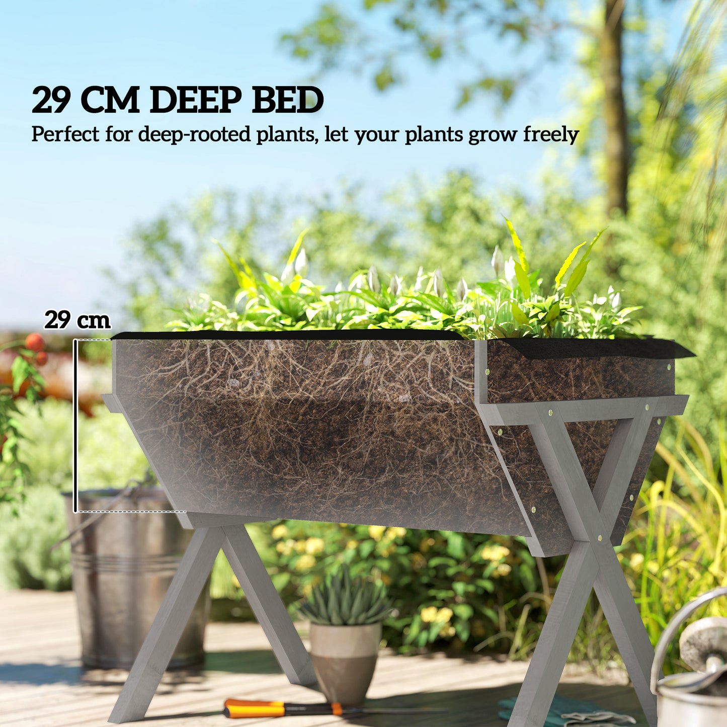Wooden Raised Garden Bed with Bed Liner, Elevated Planter Box with Legs, Light Grey