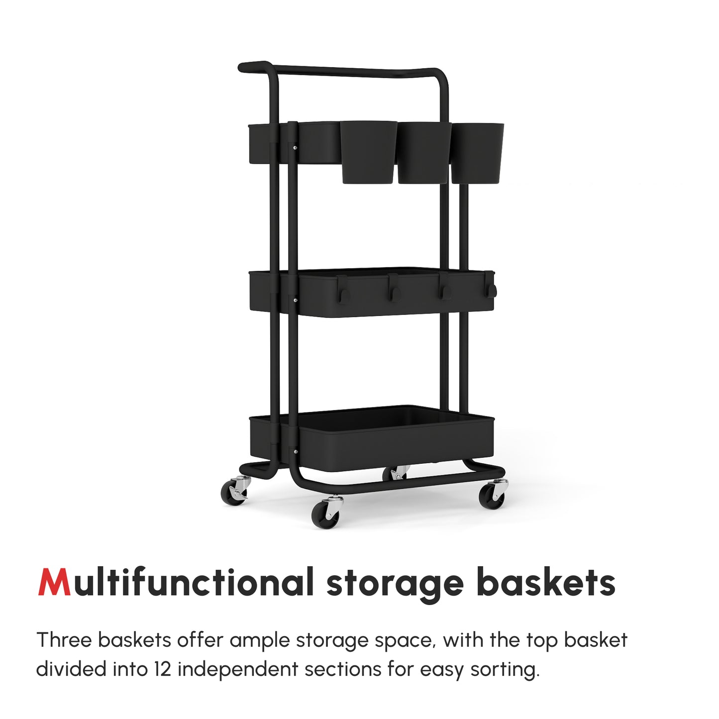 Three-Tier Home Trolley, with Handle and Wheels - Black