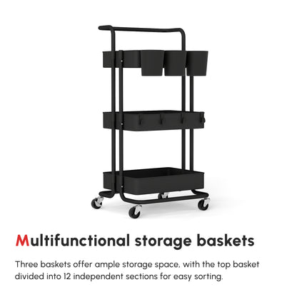 Three-Tier Home Trolley, with Handle and Wheels - Black