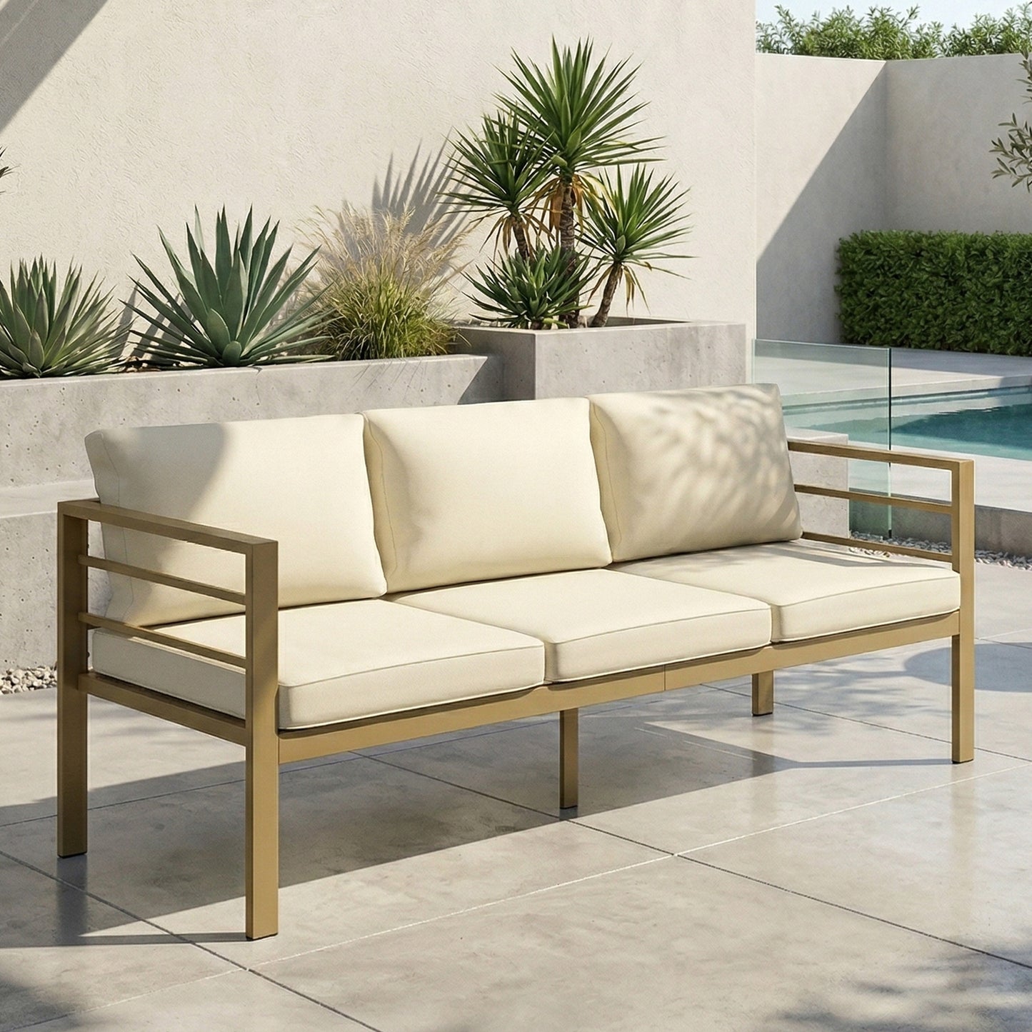 Garden Bench with Cushions, 3-Seater Sofa with Backrest, Armrest and Back Cushions, 185 x 66 x 64cm, Cream White