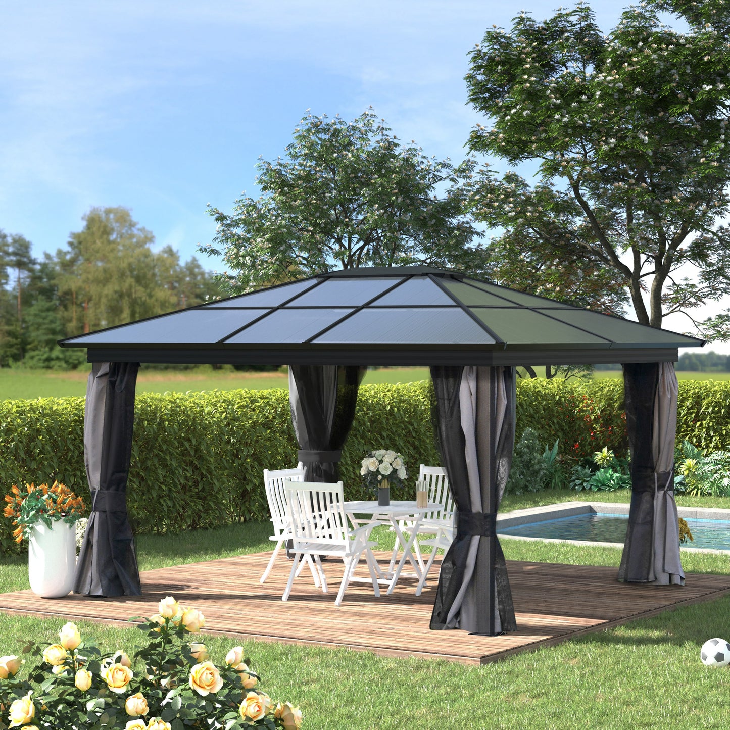 3.6 x 4m Hardtop Gazebo Canopy with Polycarbonate Roof, Aluminium Frame, Permanent Gazebo, Dark Grey