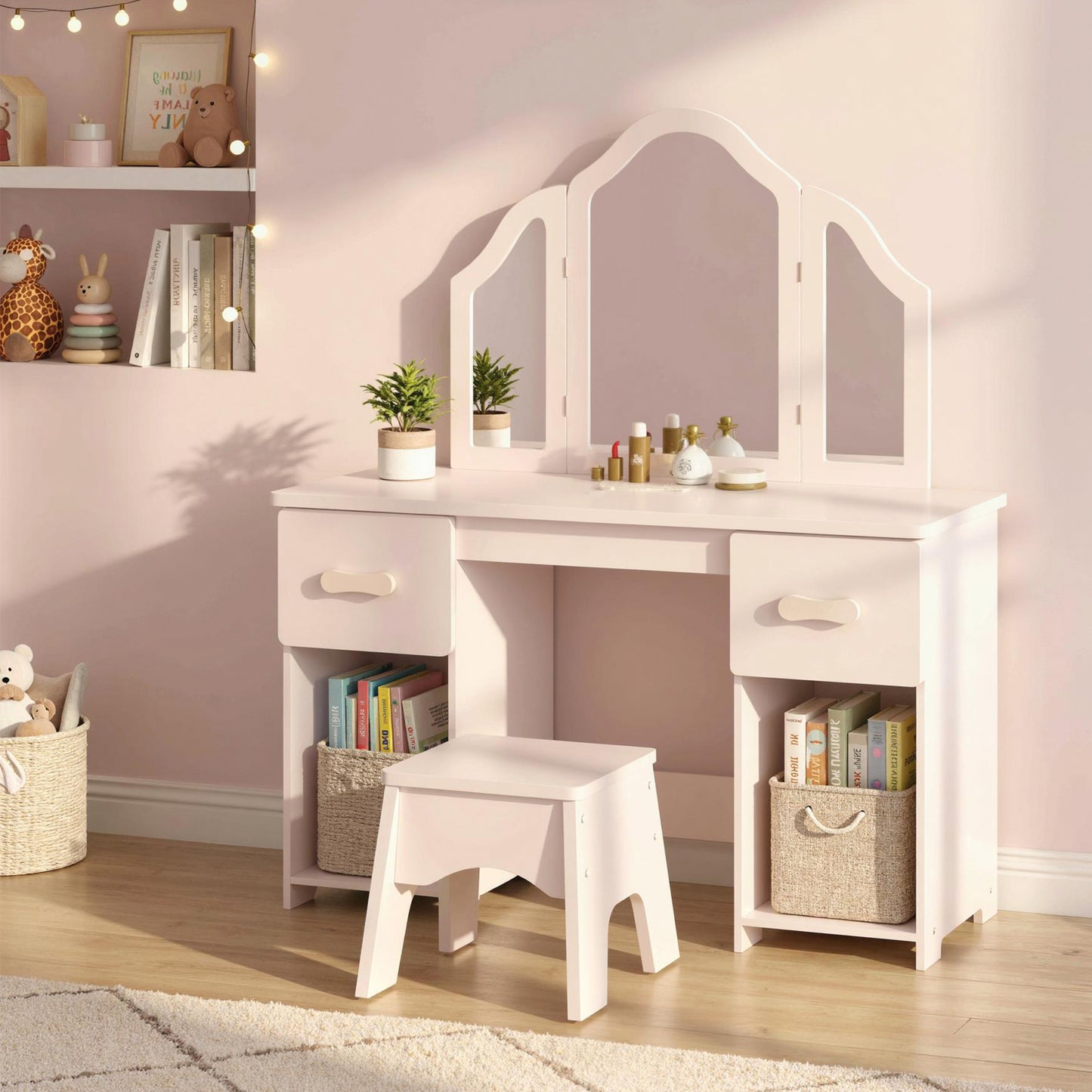 Kids Dressing Table, Kids Vanity Table and Chair Set with Tri-Folding Mirror, 2 Drawers, 2 Cabinets for Girls 3+, Pink
