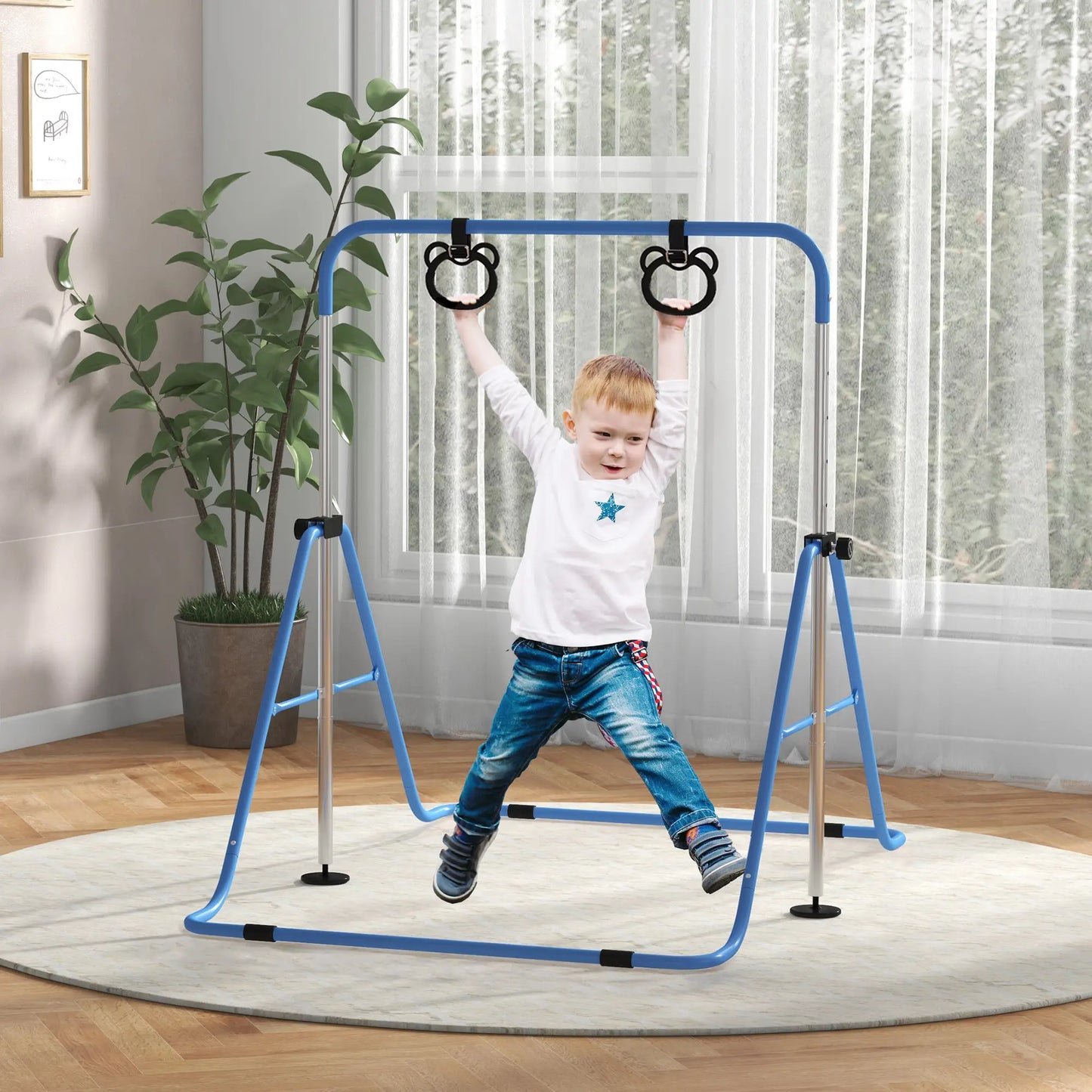Adjustable Height Gymnastics Bar with Gymnastic Rings Attachment Included - For Kids - Blue