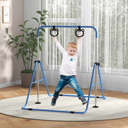 Adjustable Height Gymnastics Bar with Gymnastic Rings Attachment Included - For Kids - Blue