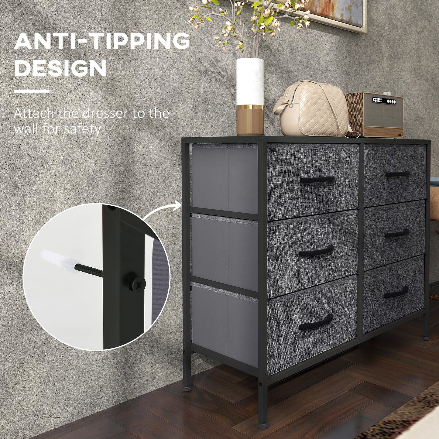 Fabric Chest of Drawers, Industrial Bedroom Dresser with 6 Fabric Drawers, Steel Frame and Wooden Top for Nursery