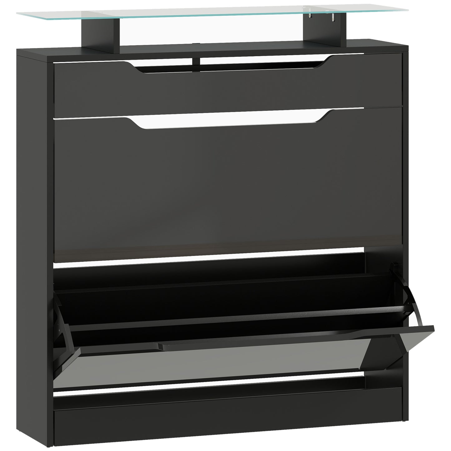 Shoe Storage Cabinet with Slide Out Drawer, 2 Flip Doors, Tempered Glass Top - Black