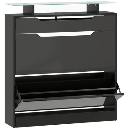 Shoe Storage Cabinet with Slide Out Drawer, 2 Flip Doors, Tempered Glass Top - Black