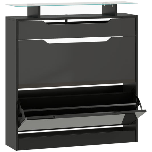 Shoe Storage Cabinet with Slide Out Drawer, 2 Flip Doors, Tempered Glass Top - Black