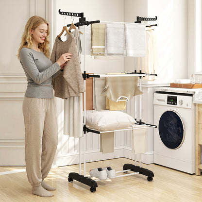 Foldable Clothes Drying Rack, 4-Tier Steel Garment Laundry Rack with Castors for Indoor and Outdoor Use, Black