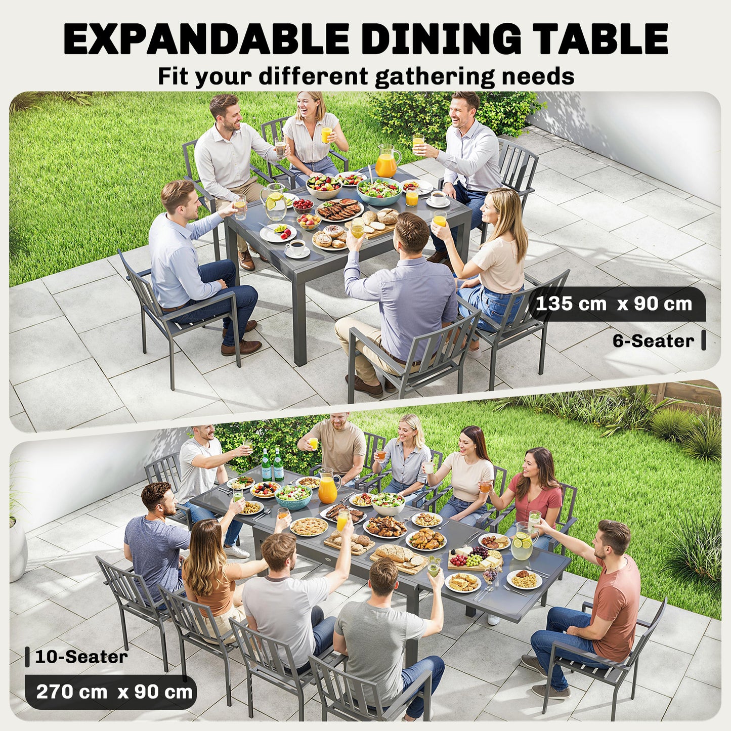 Extending Garden Table for 6-10, Aluminium Outdoor Dining Table with Tempered Glass Top, Grey