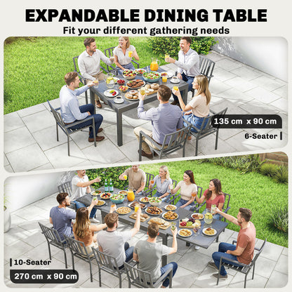 Extending Garden Table for 6-10, Aluminium Outdoor Dining Table with Tempered Glass Top, Grey
