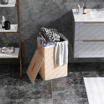 70L Collapsible Bamboo Laundry Hamper Organizer Clothes Washing Basket Bin Storage Box w/ Lid Removable Lining 40x30x60cm