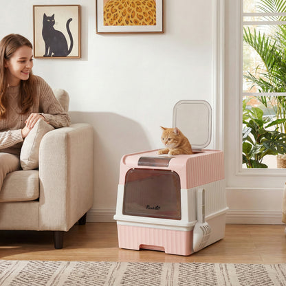 Enclosed Cat Litter Box with Lid, Pull-Out Drawer Tray, Scoop, 4 Deodorisation Bags, Front Entry & Top Exit, Pink