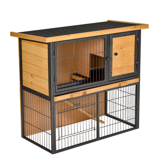 Guinea Pig Hutch Rabbit Hutch Wood-metal Elevated Pet House Bunny Cage with No-Leak Tray Ramp Openable Roof Outdoor 89.5 x 45