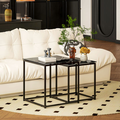 Nest of Tables, Set of 2 Coffee Table, Side Tables with Tempered Glass Desktop and Metal Frame for Living Room, Bedroom