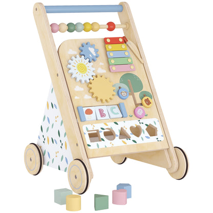 Wooden Baby Walker, Toddler Push Along Walker with Speed Control, Activity Centre and 5 Blocks for 18 Months+, Natural