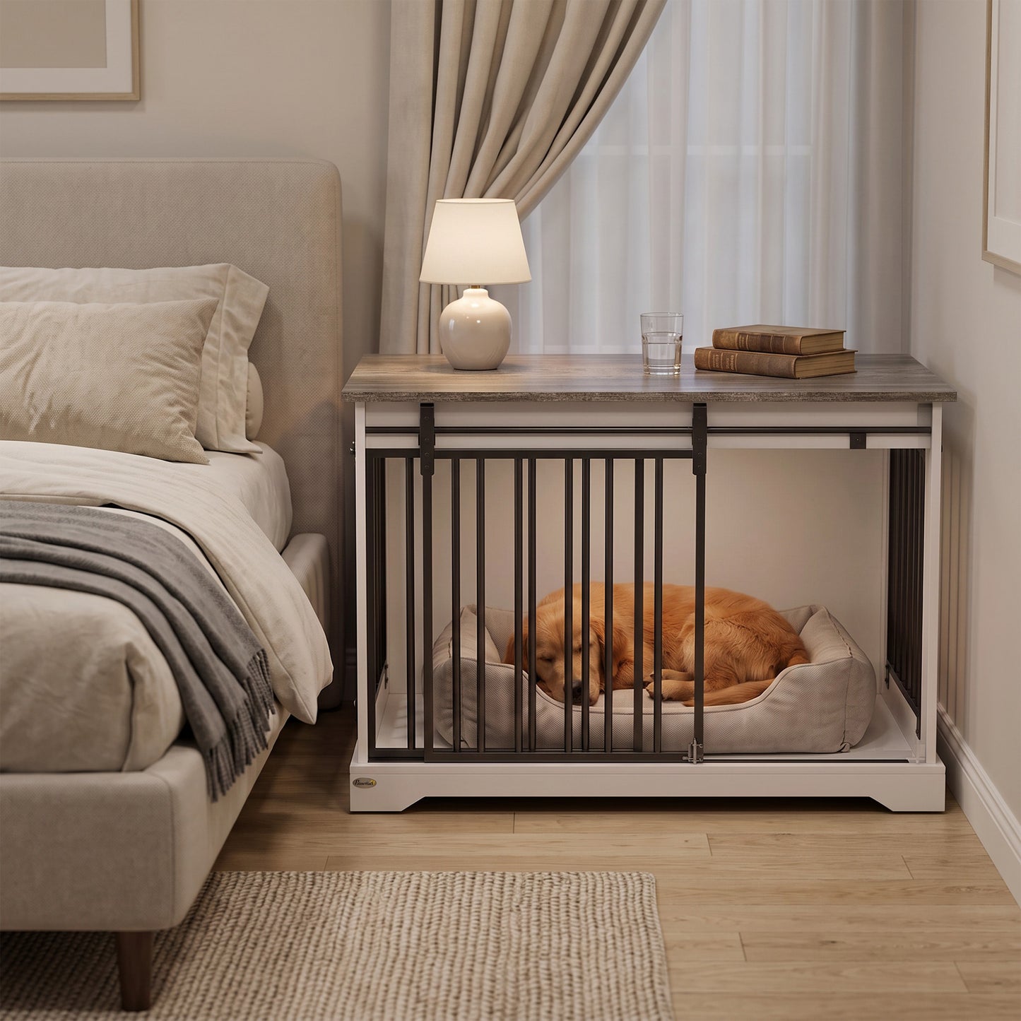 100 cm Large Dog Crate Furniture with Sliding Barn Door for Large Dogs, White