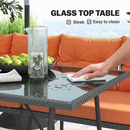 6 Piece Rattan Garden Furniture Set, 8 Seater Garden Corner Sofa with Cushions and Glass Top Table, Orange
