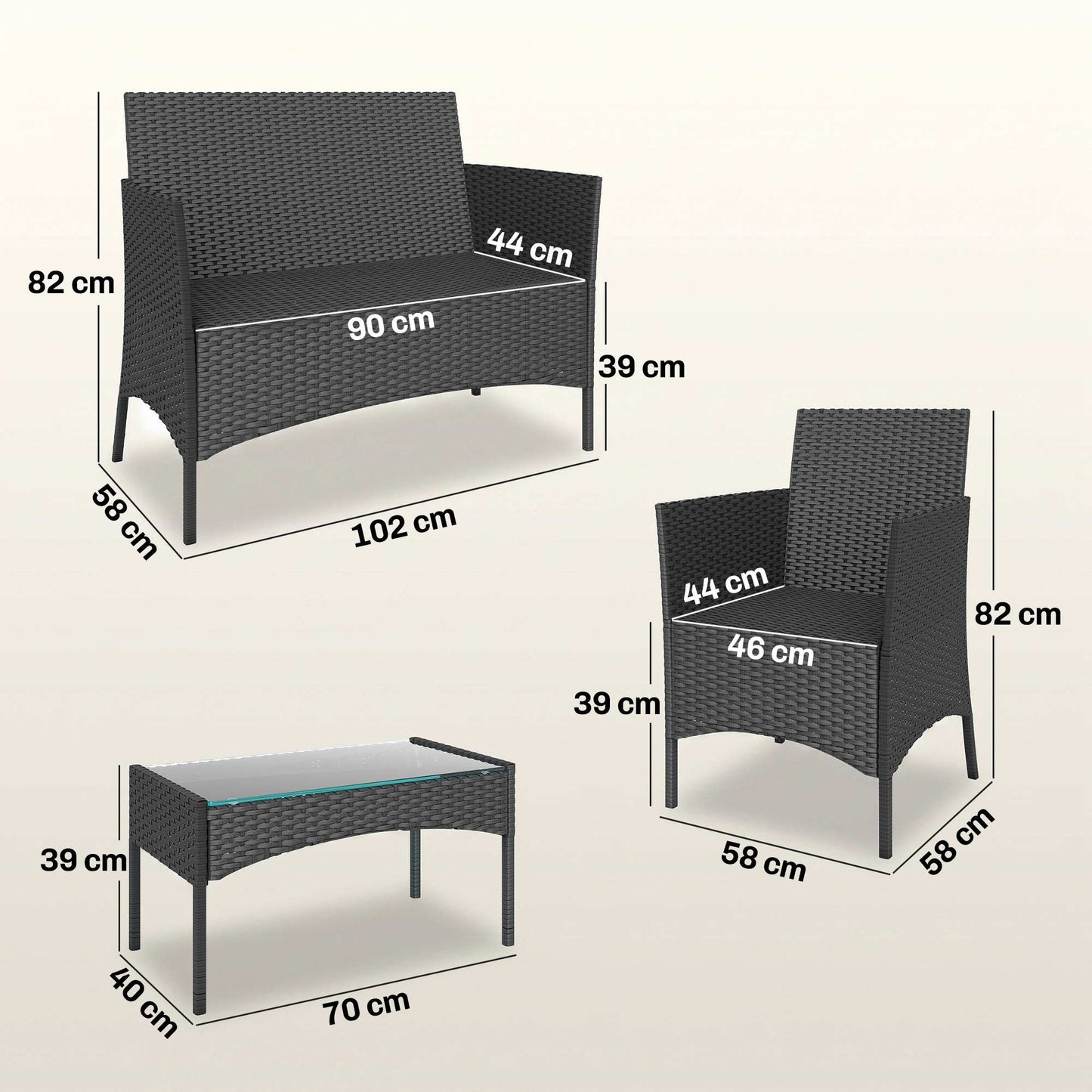 4 Piece Rattan Garden Furniture Sofa Set with Loveseat, Armchairs, Glass-Top Coffee Table and Cushions, Black