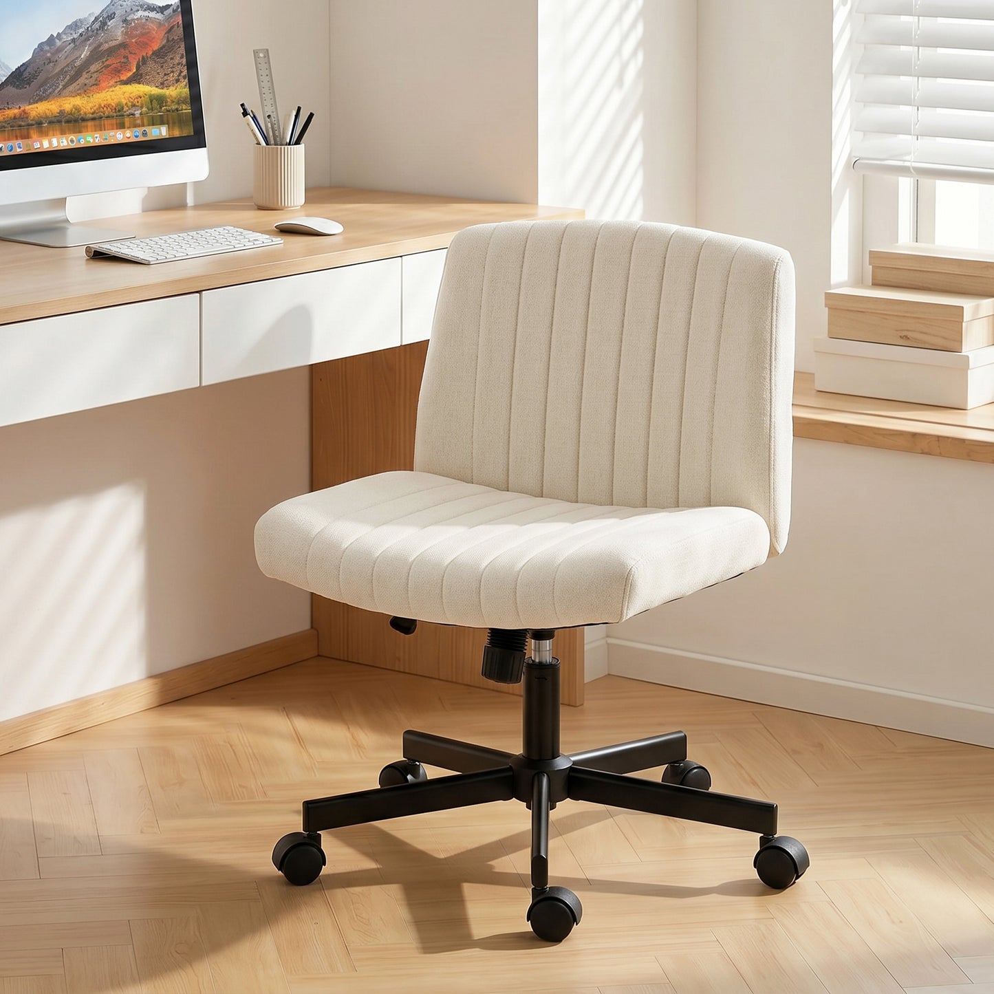 Imitation Linen Criss Cross Legged Desk Chair, Armless Office Chair with Wheels, Green