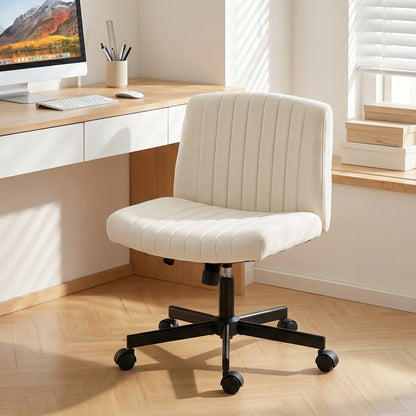 Imitation Linen Criss Cross Legged Desk Chair, Armless Office Chair with Wheels, Green