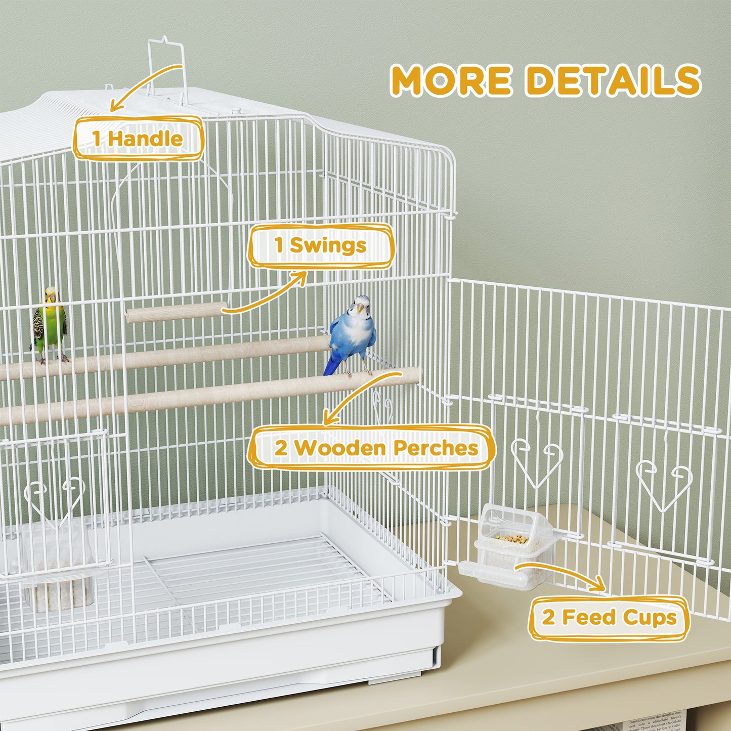 Large Metal Bird Cage with Perches, Food Bowls, Swing, for Budgies, Parakeets, White