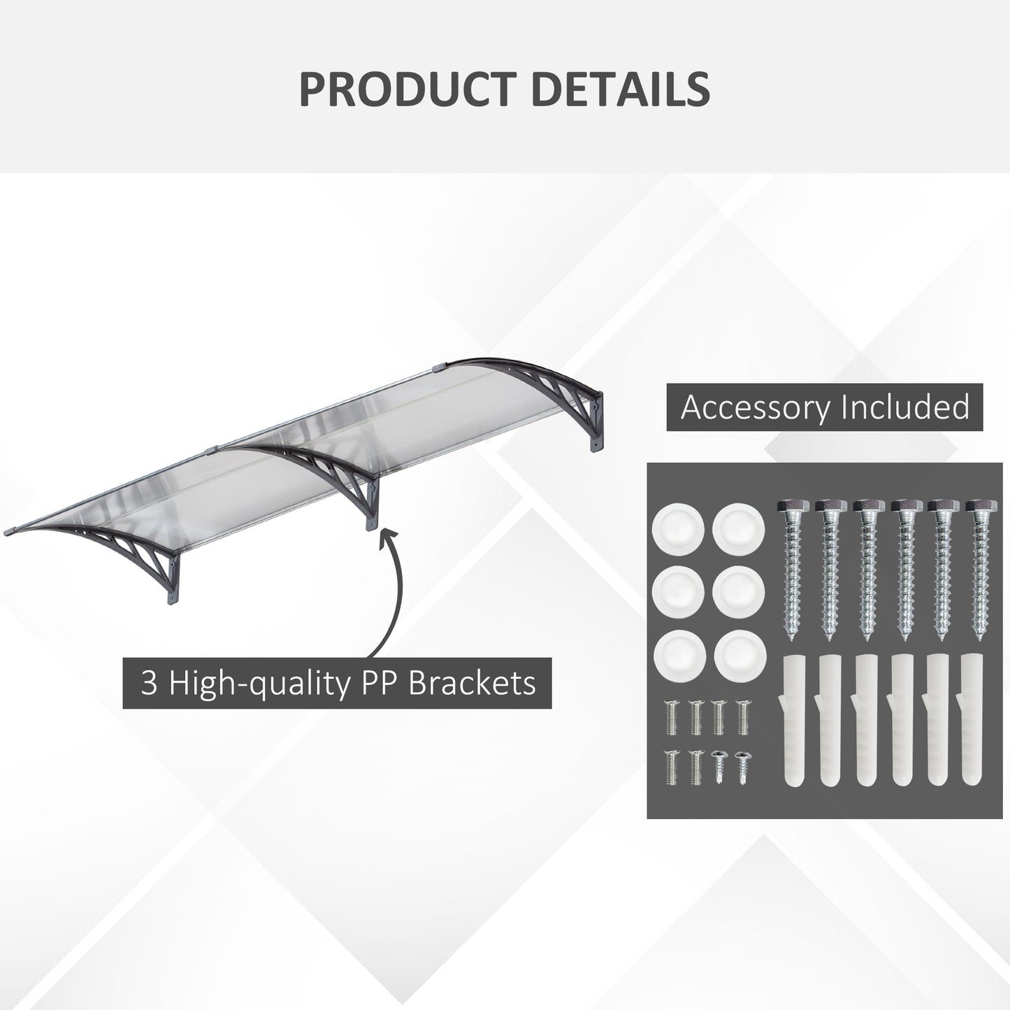 Front Door Canopy Outdoor Awning Aluminium Rigid Plastic Polycarbonate Rain Shelter UV Water Rain Resistant 196 x 75cm Clear