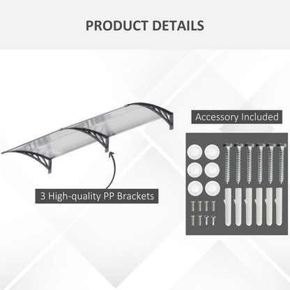 Front Door Canopy Outdoor Awning Aluminium Rigid Plastic Polycarbonate Rain Shelter UV Water Rain Resistant 196 x 75cm Clear