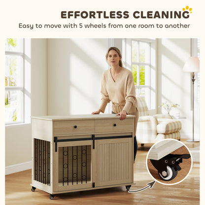 Dog Crate Furniture on Wheels, Dog Cage with 2 Drawers, Sliding Door, for Medium Large Dogs, Oak Tone