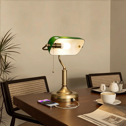 Desk Lamp with USB Ports, Banker's Table Lamp Desk Lamp with Vintage Bronze Tone Base and Pull Rope Switch, Green