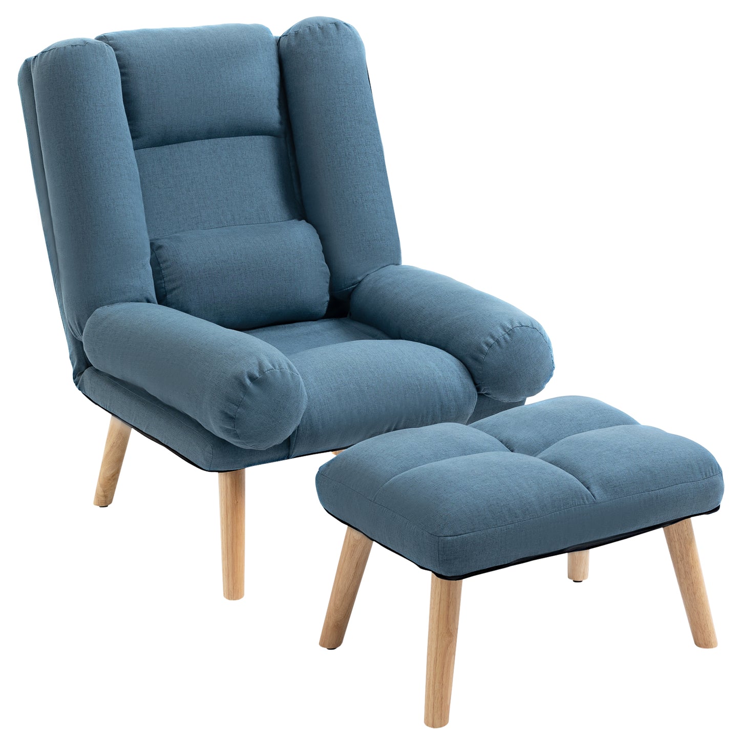 Recliner Chair with Footstool, Recliner Armchair with Adjustable Backrest, Thick Cushion and Wooden Legs, Blue