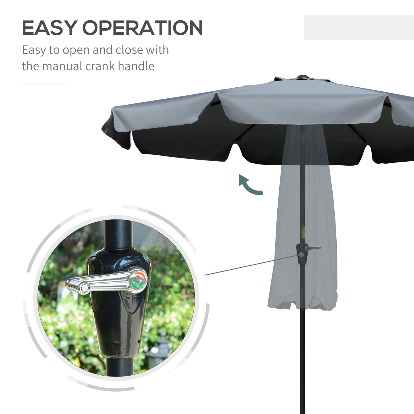 2.7m Patio Parasol Garden Umbrellas Outdoor Sun Shade Table Umbrella with Tilt, Crank, 8 Ribs, Ruffles, Grey