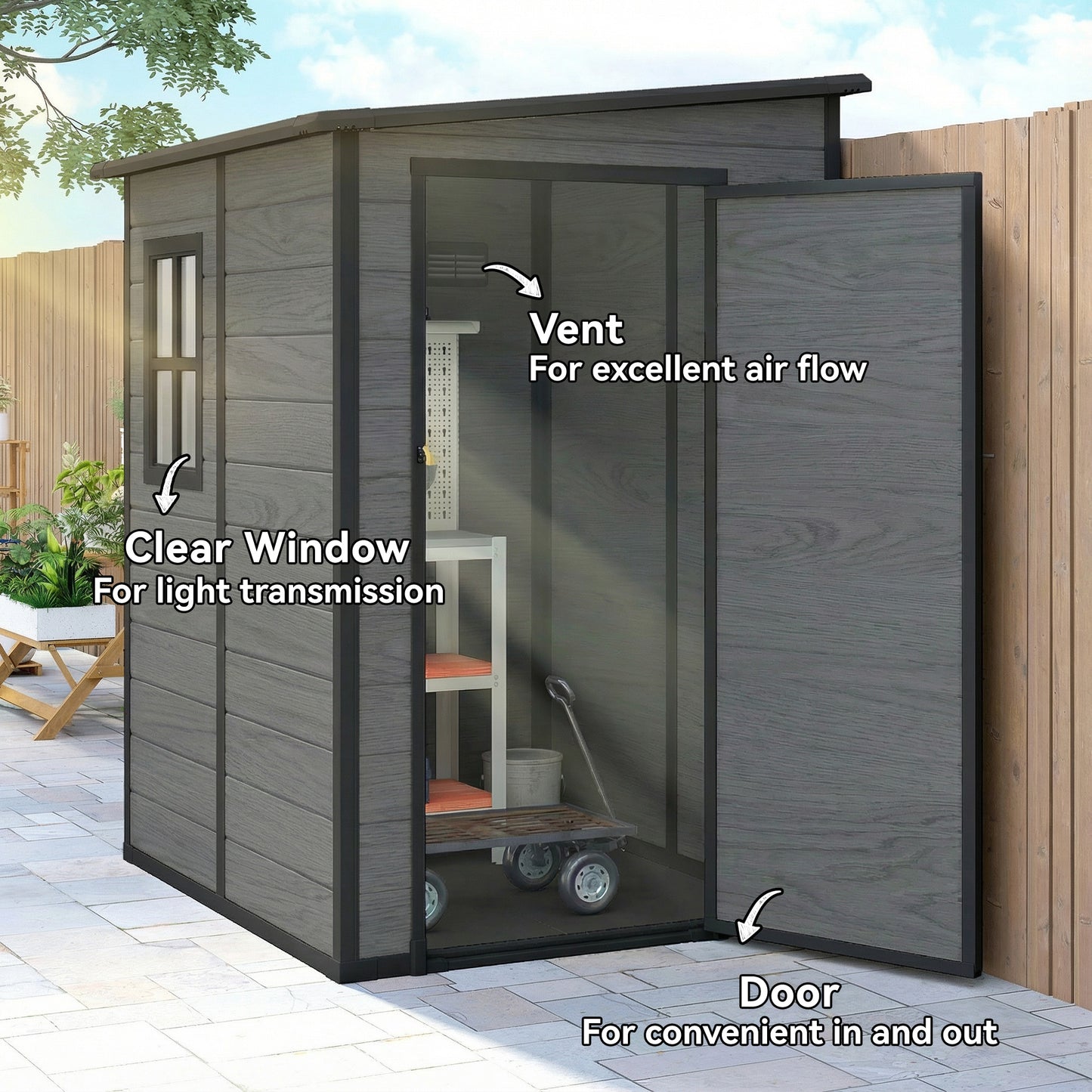 4'x5' Garden Storage Shed, Lean to Shed, Lockable Garden Shed with Window, Vent and Plastic Roof, Wood-Effect