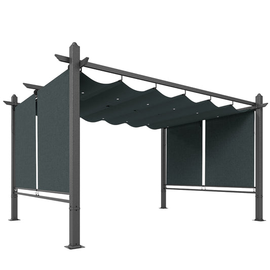 4 x 3 m Garden Pergola with Retractable Roof Canopy and Roll-Up Sides, Outdoor Gazebo Pergola Kit, Dark Grey