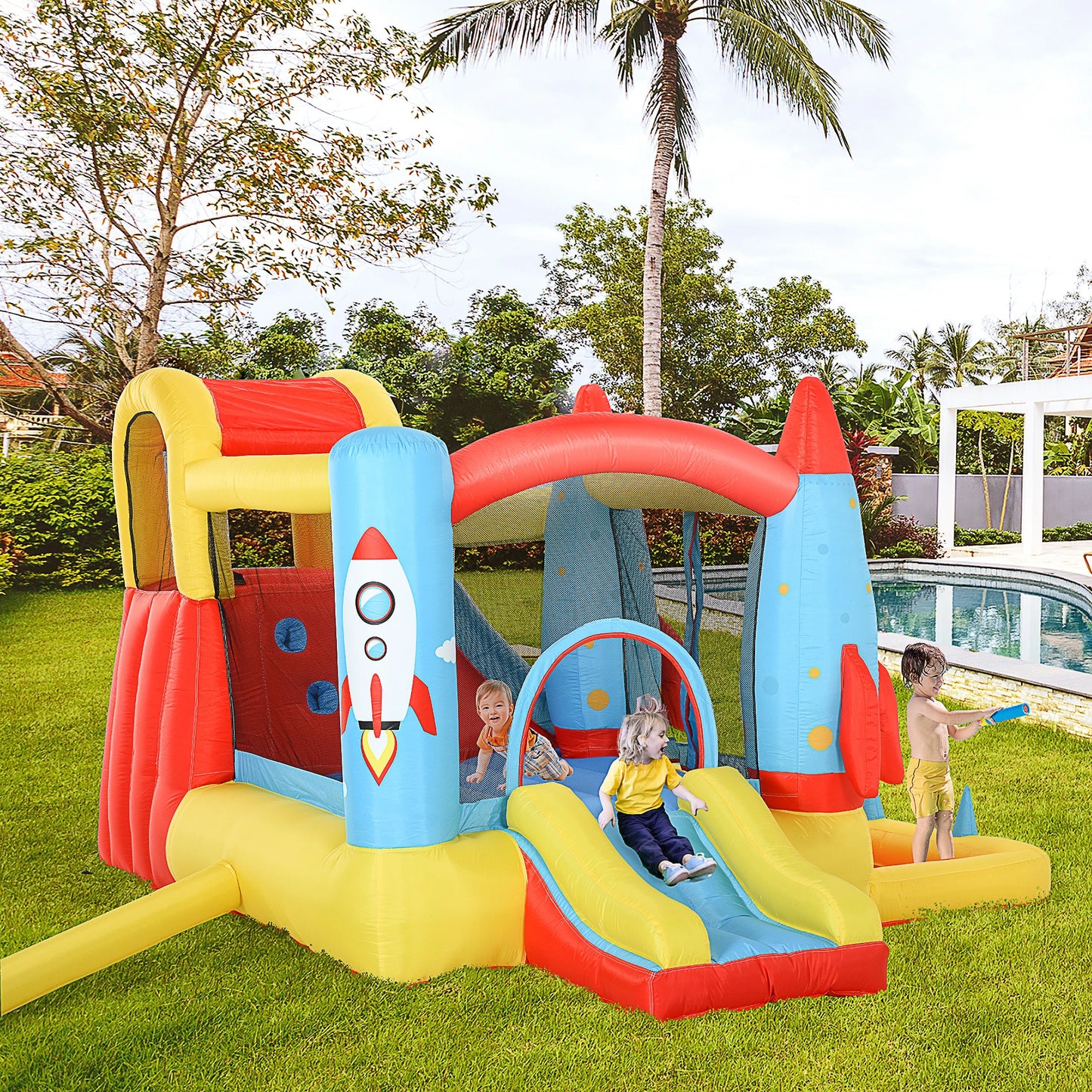 Kids Bouncy Castle with Rocket Ship Design and Paddle Pool