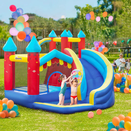 Kids Bouncy Castle with Climbing Wall, Trampoline, Paddle Pool and Slide