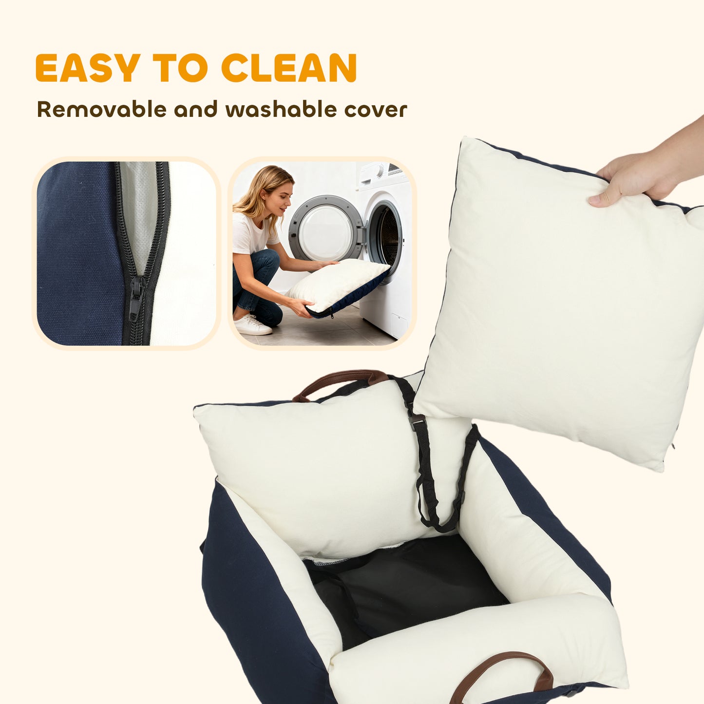 Dog Car Seat, Cosy Pet Car Booster Seat for Small Dog Under 5 KG, Portable Travel Bed with Safety Belts, Navy Blue